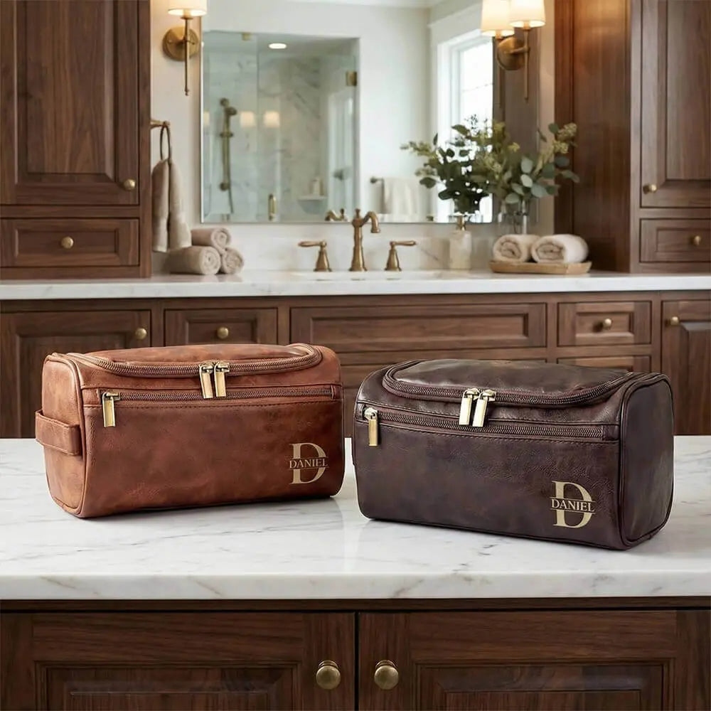 Custom Engraved Leather Toiletry Bag – Personalized Travel Dopp Kit, Perfect Gift for Dad Duconspace