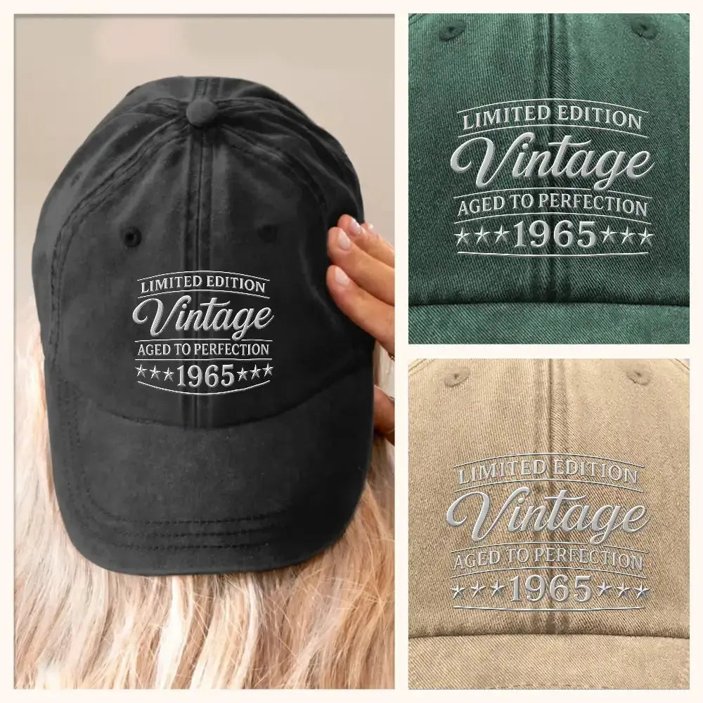 Black cap with 'Limited Edition Vintage Aged to Perfection 1965' text, shown on a beige background.
