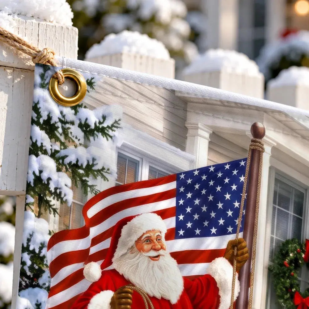 Fabric banner close-up with brass grommet, stitched hem and Santa with American flag print
