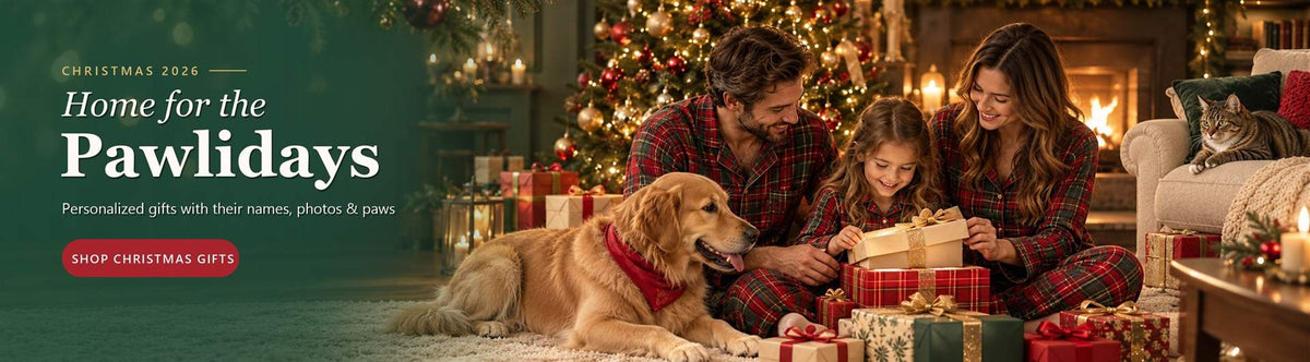 Family in matching plaid Christmas pajamas opening gifts with their golden retriever - Home for the Pawlidaysxmas26_slide